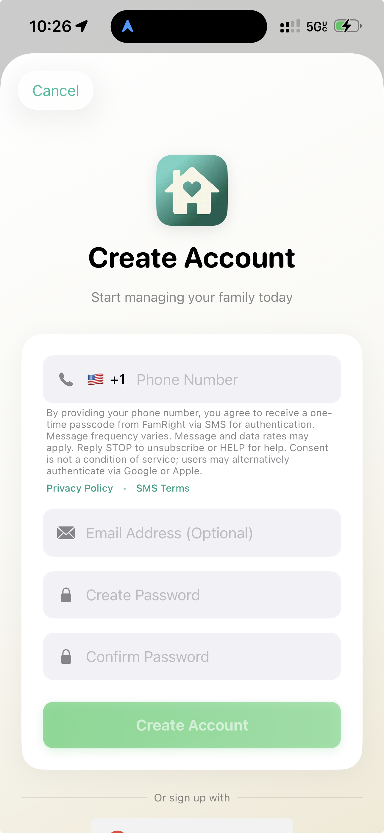 FamRight Create Account screen showing the SMS consent disclosure under the phone number field.